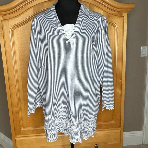 Alfred Dunner, Size 18 Blue & White Tie at Collar, Embroidered Blouse - Picture 1 of 7